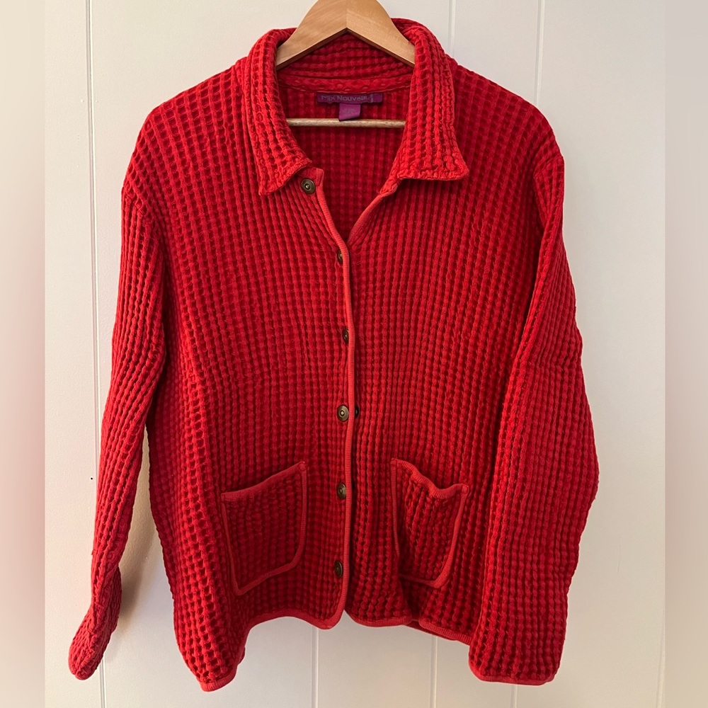 Red Cotton Waffle Button Jacket
